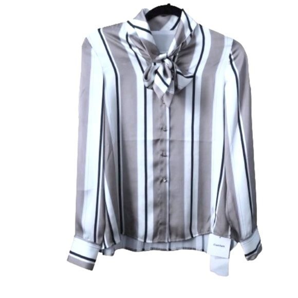 COPY - NWT vertical stripes satin front bow tie detail blouse size S - Picture 1 of 4